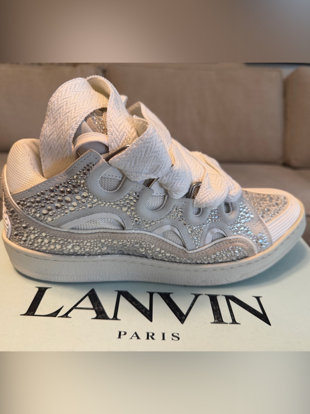Lanvin White and Silver Crystal-Detail Low-Top Sneaker